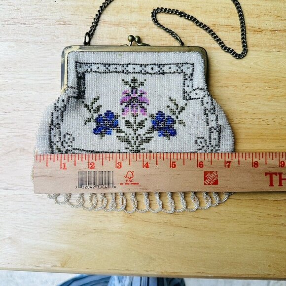 Antique Edwardian Fringe Flapper Purse Evening Bag Micro Seed Bead Floral Metal - Picture 14 of 16